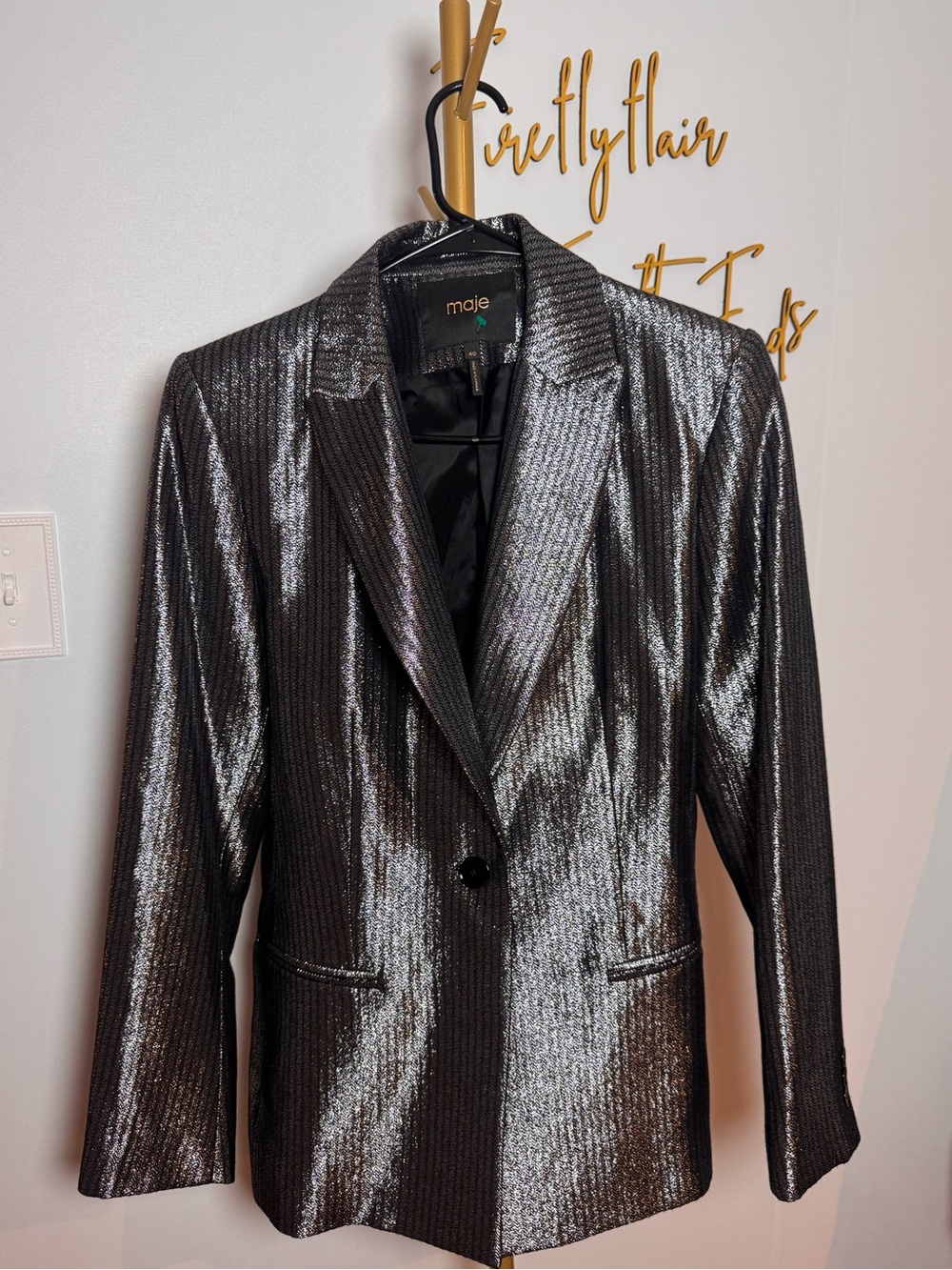 Maje Valery Metallic Silver Striped Blazer Jacket - Size 40 - GORGEOUS!